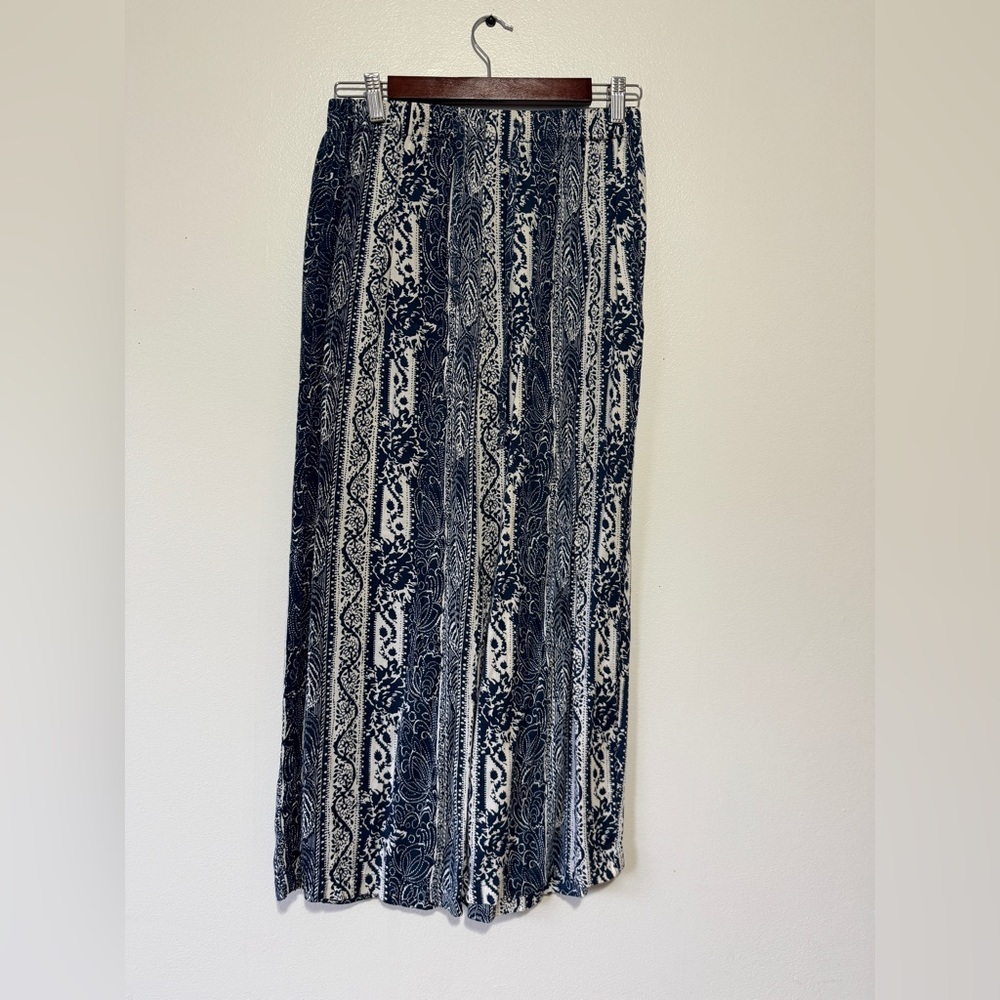 Boca Bay‎ Navy Blue White Paisley Floral Wide Leg Rayon Pants PM A96